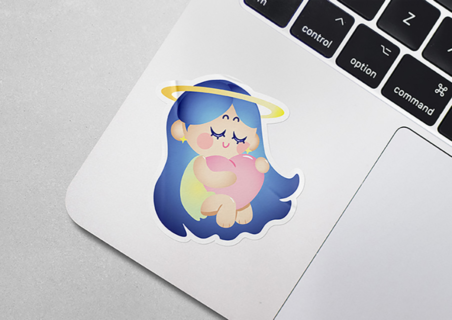 Mockup of a die-cut sticker featuring a soft, pastel illustration of a character with a halo holding a heart, showcasing playful character design and color gradients.